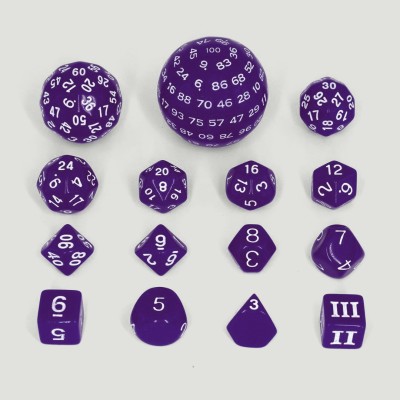 set-de-15-dados-acrilicos-d&d-variados-morado-y-blanco